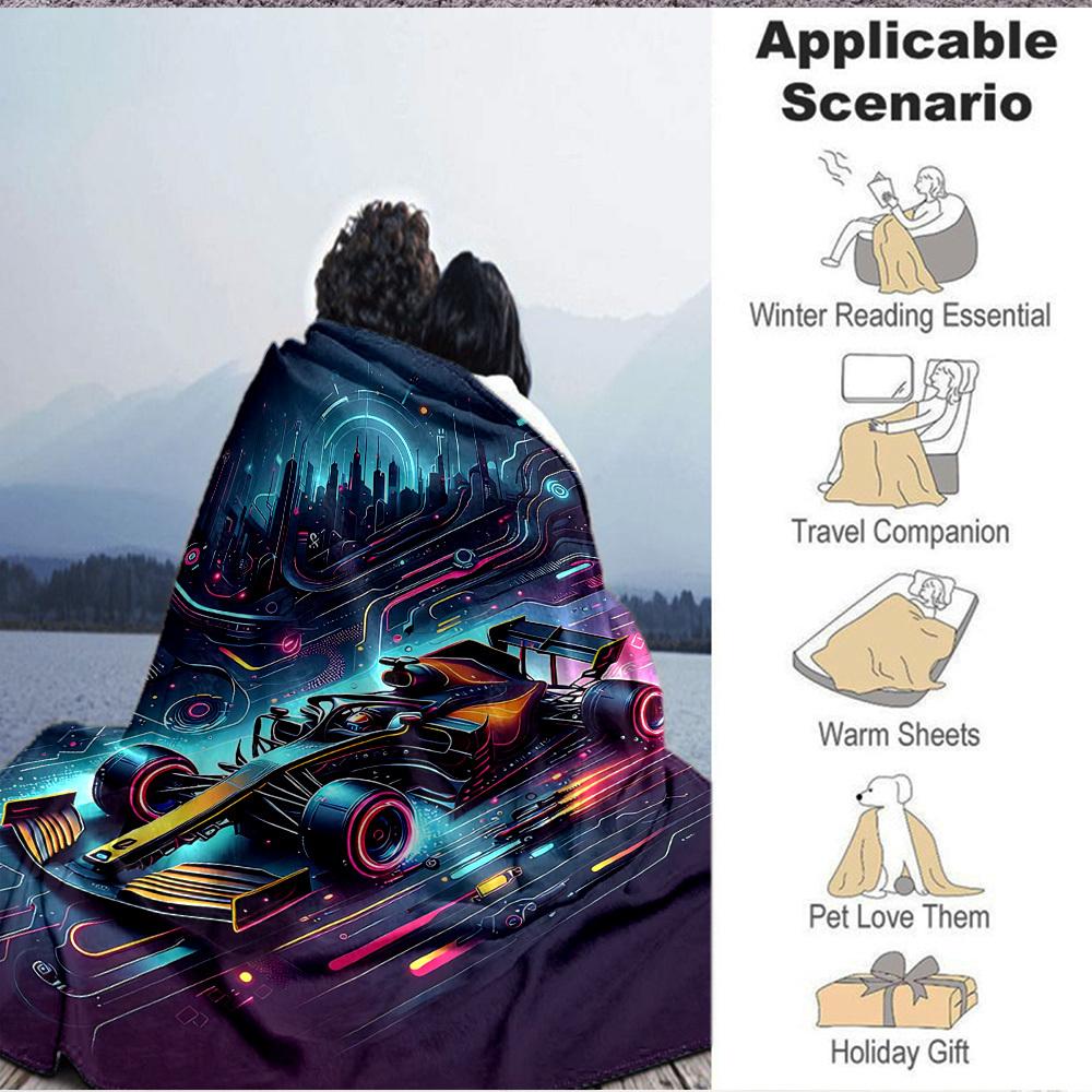 1pc Futuristic Racing Print Blanket Lightweight Flannel Throw Blanket For Sofa, Bed, Living Room, Office, Outdoor Travel, Camping