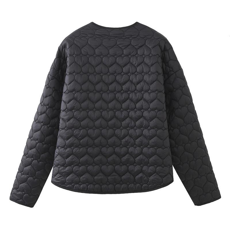 Women's Fashion Autumn Winter Heart Padded Jacket Women O Neck Long Sleeve Pocket Versatile Female Coat