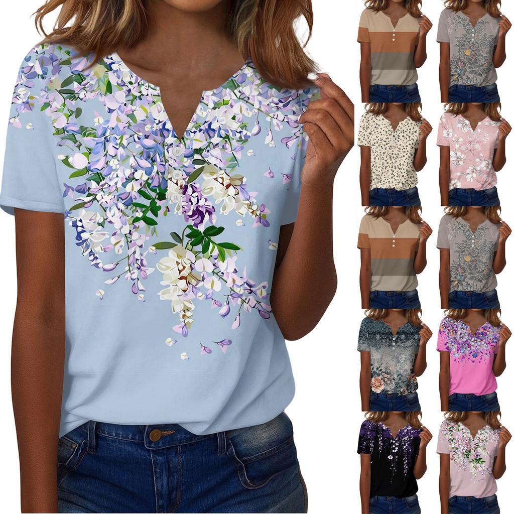 Sommer Oberteile für Damen Knopfleisten Blusen für Damen Elegant Lässig V-Ausschnitt T-Shirts