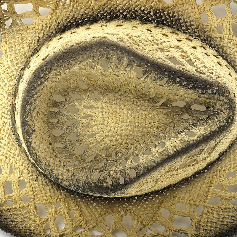 Unisex Gradient Hollow Woven Cowboy Straw Hat Breathable Wide Brim Sun Protection Outdoor Travel Beach Cap