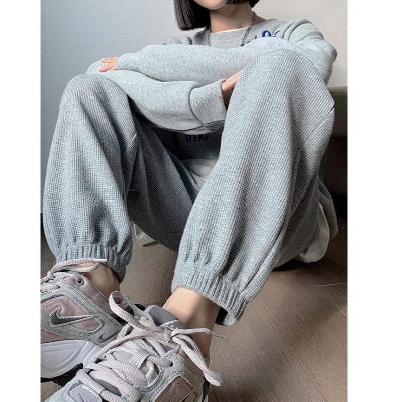 Women's Mid Rise Joggers Loose Fit Waffle Knit Casual Pants Harem Sweatpants Solid Color Trousers For Spring Daily Wear