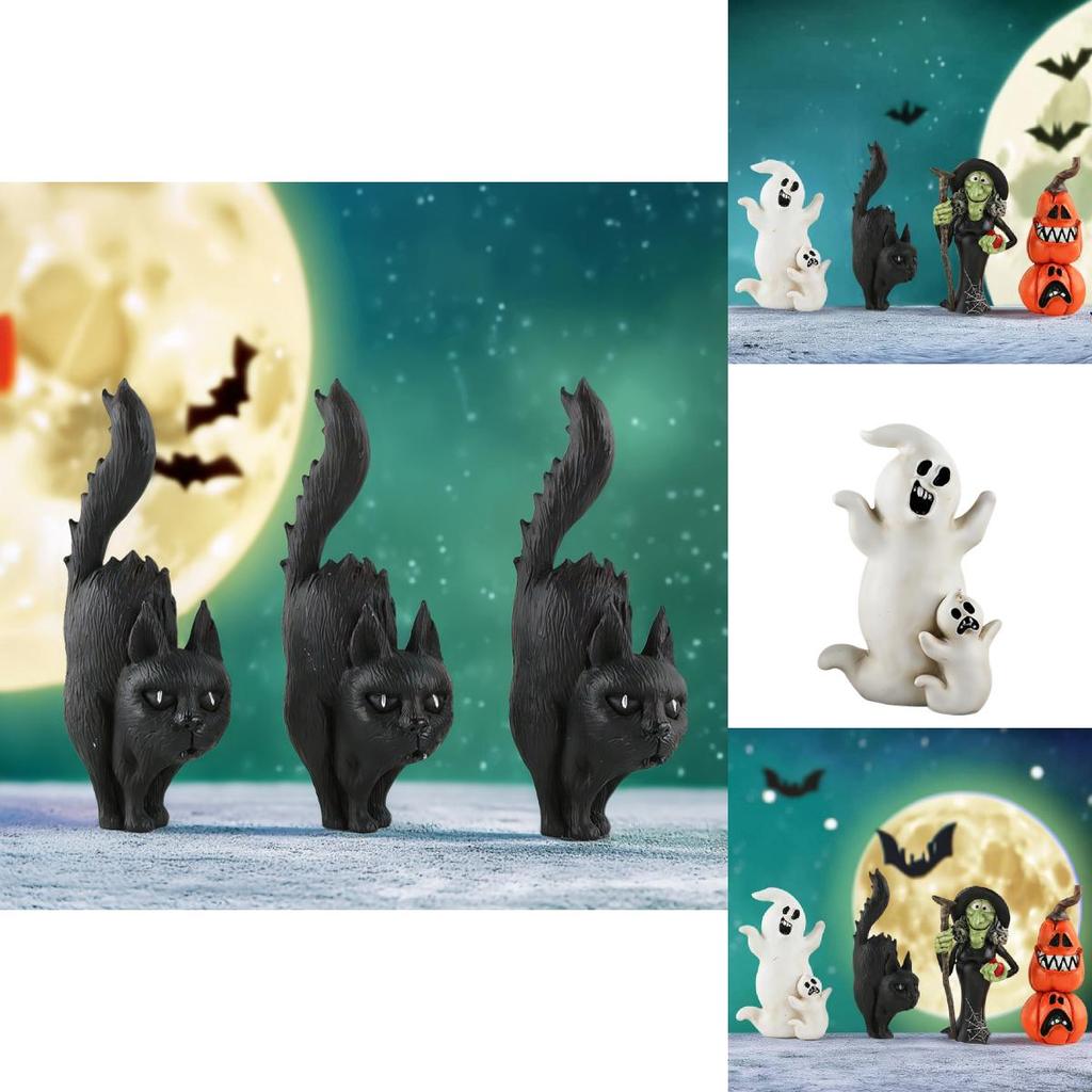 Charming Halloween Resin Ghost And Black Cat Pumpkin Ornament Perfect For Spooky Seasonal Decor