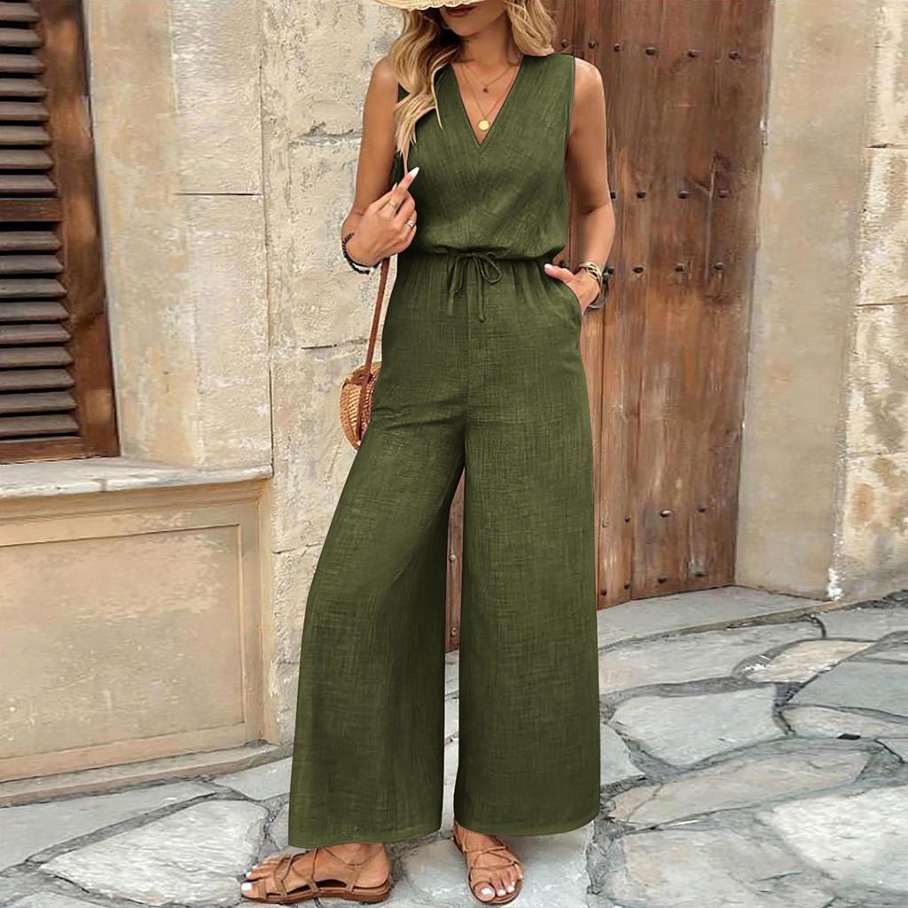 Sleeveless Wide Leg Jumpsuit for Women with Drawstring Waist V Neck Loose Fit Casual Outfit