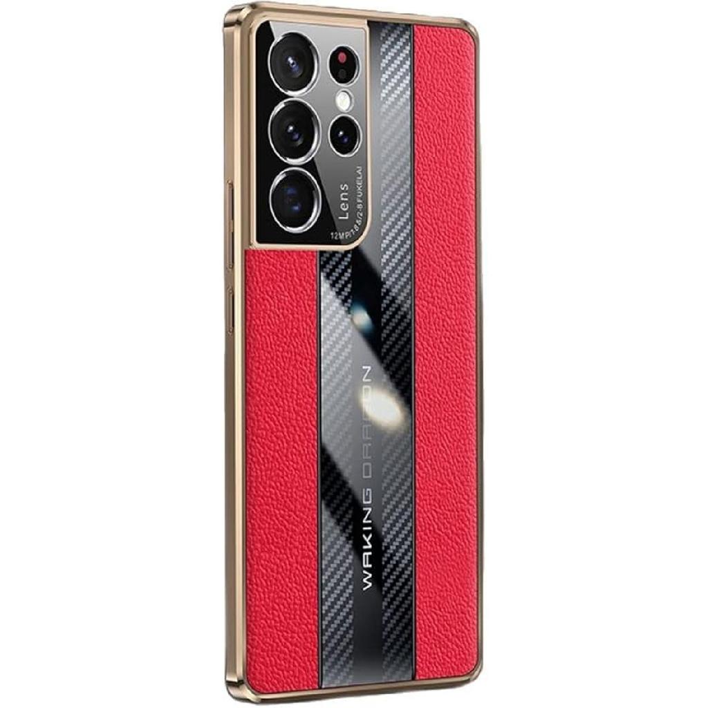 For Samsung S21 Ultra Case Luxury TPU Soft Bumper Carbon Fiber & Genuine Leather Cover Compatible with Samsung Galaxy S21 Ultra 6.8" Inch Case Camera