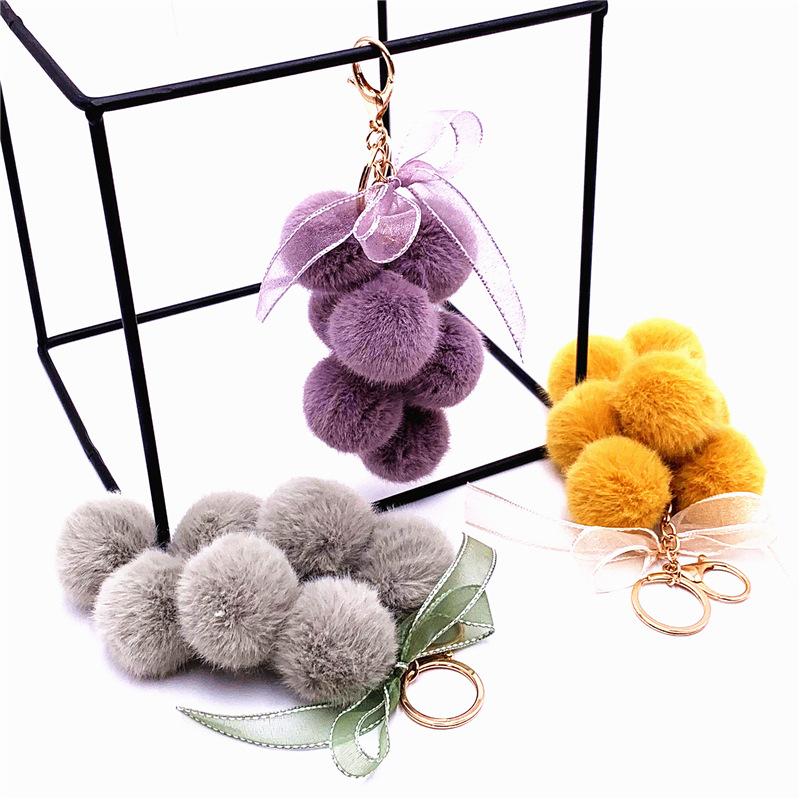 Cute Creative Grape Fruit Lace Bow Fur Ball Plush Doll Toy Keychain Pendant Bag Hanging Backpack Charm Car Keyring New Year Gift