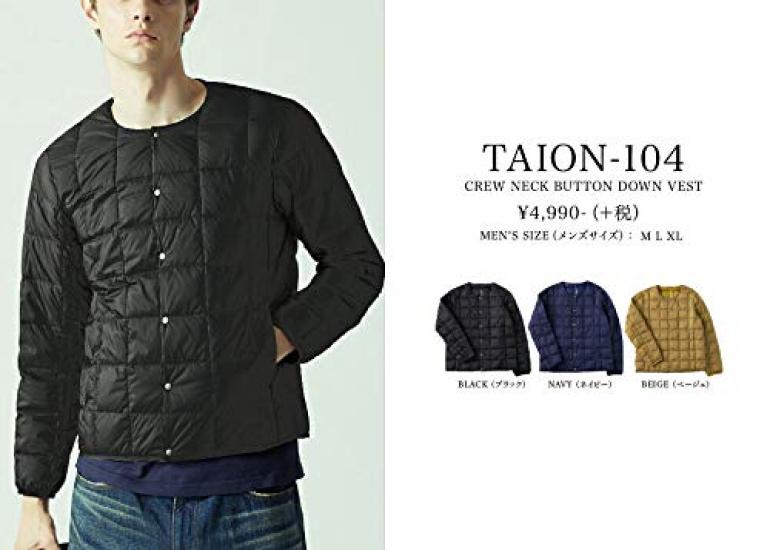 TAION Crew Neck Button Inner Down Jacket Size L (TAION-104) Beige,