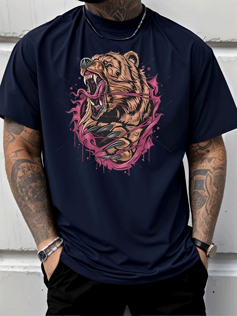 Unisex Summer Cotton Short Sleeve T Shirt Fierce Grizzly Bear Rip Hole Print Crew Neck Casual Wild Animal Street Fashion Male Tee