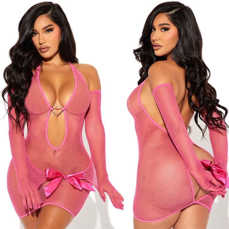 Sexy Fishnet Lingerie Dress Transparent Bodysuit Roleplay Costume Lace Underwear Maid Bodystockings with Handcuffs