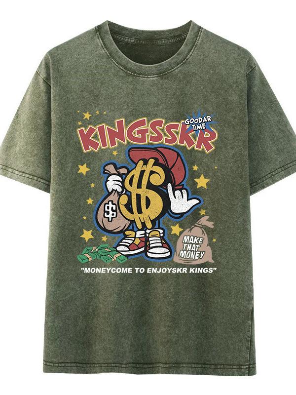2026 Summer Men's Retro Short Sleeve Washed T-Shirt - Versatile, Trendy Print, Loose Fit