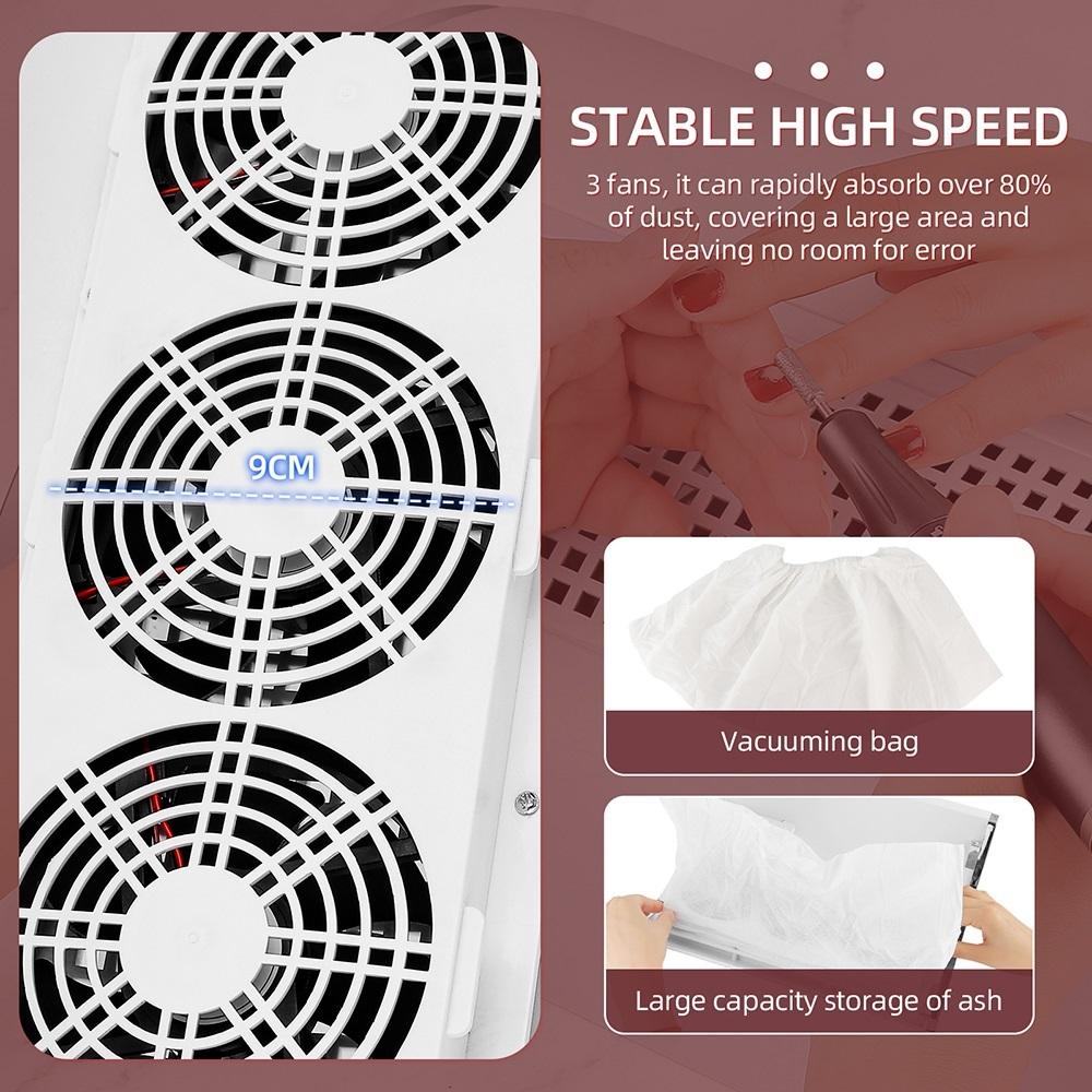 3 Fans Powerful Nail Dust Collector 40W High Suction Professional Nail Dust Extractor 2-Hands Nail Vacuum Cleaner For Manicure
