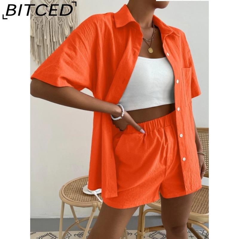 

BITCED Модний комплект з бавовни та льону, однотонна сорочка з накладною кишенею з відкритими плечима та шорти, однотонна сорочка з короткими рукавами S помаранчевий