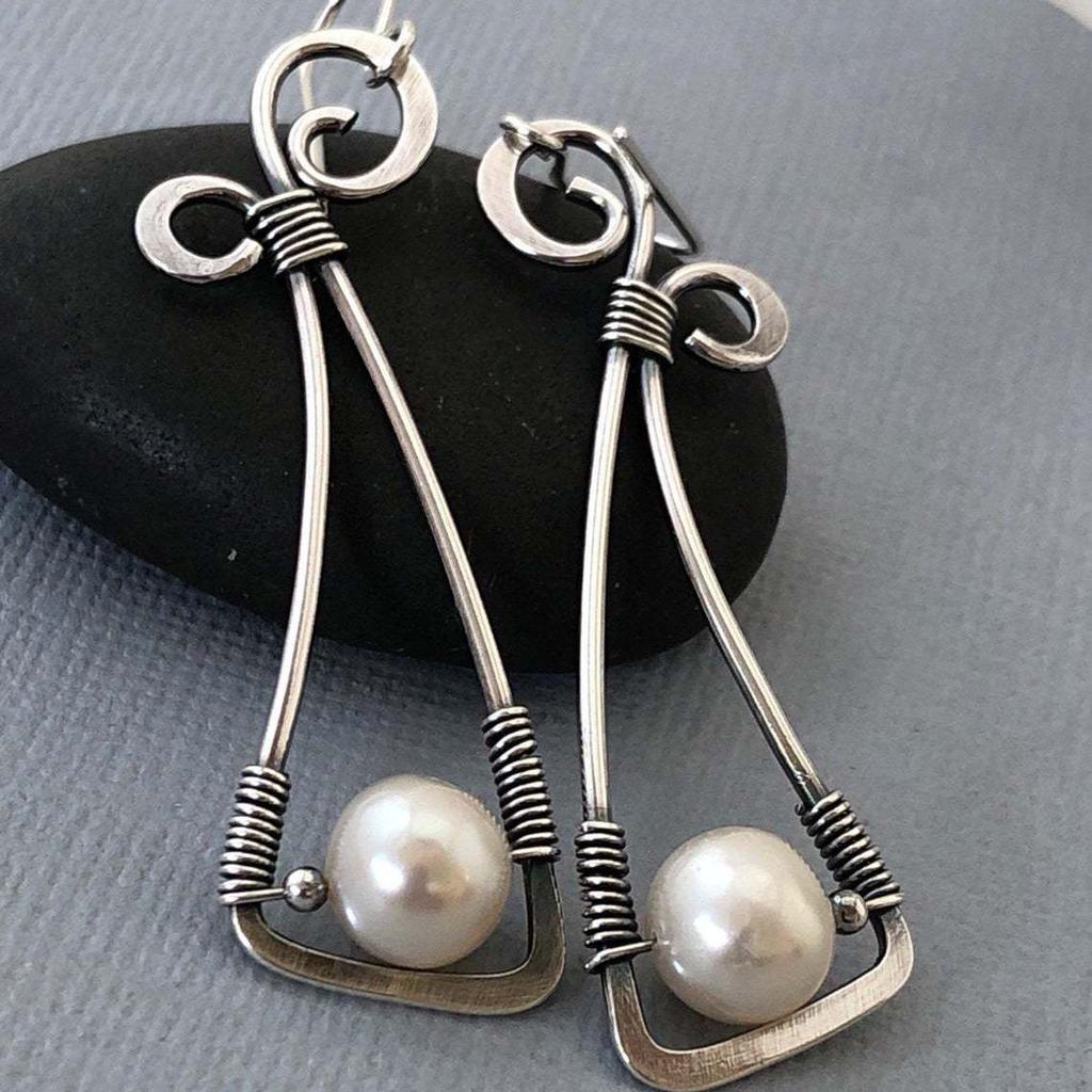 Bohemian Style Long Silver Earrings with Pearls - Creative Retro Design, Perfect Christmas Gift.