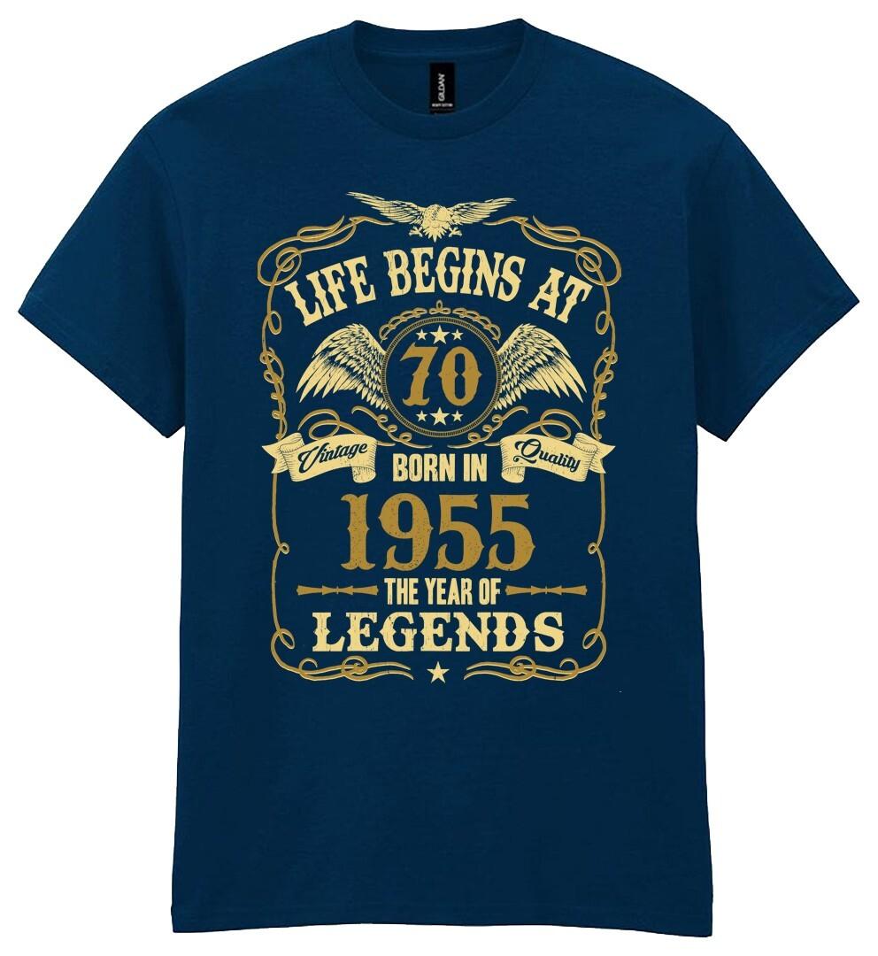 Life Begins at 70 Mens Birthday T-Shirt Mens Womens Tees Top Born in 1955 Legends 70th Gift Gold Text L