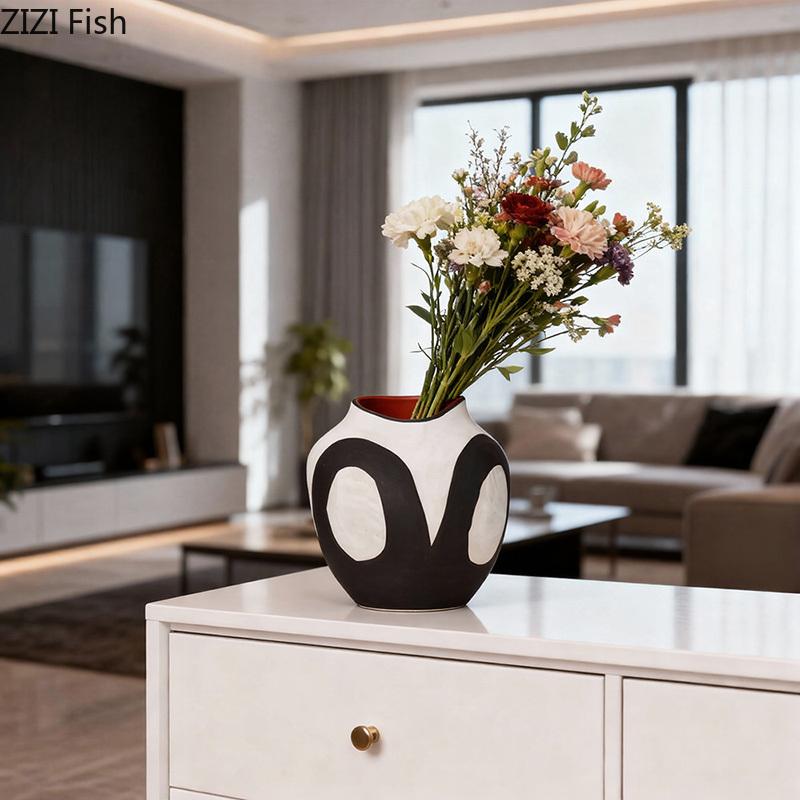 Abstrakte Schwarz-Weiß Keramikvase Kreative Blumentöpfe Schreibtischdekoration Blumenarrangement Florale Vasen Raum Ästhetische Deko