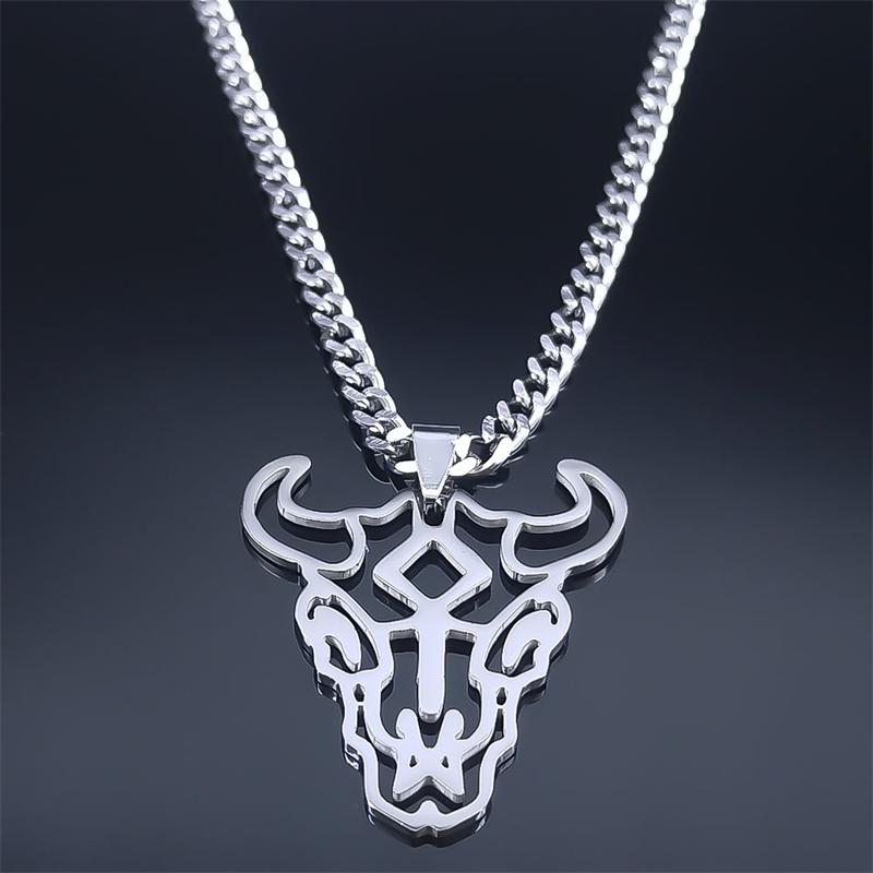 Hip Hop Animal Bull Head Pendant Necklace Men Stainless Steel Silver Color Skull Ox Bone Chain Amulet Jewelry Collar ZZZ3574-QKC