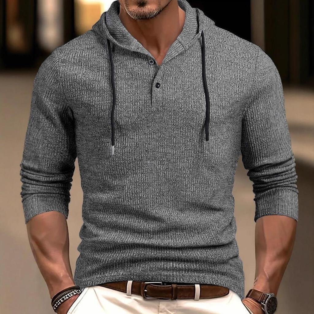 Men's Casual Long Sleeve Hooded Pullover with Drawstring and Buttons for Autumn/Winter