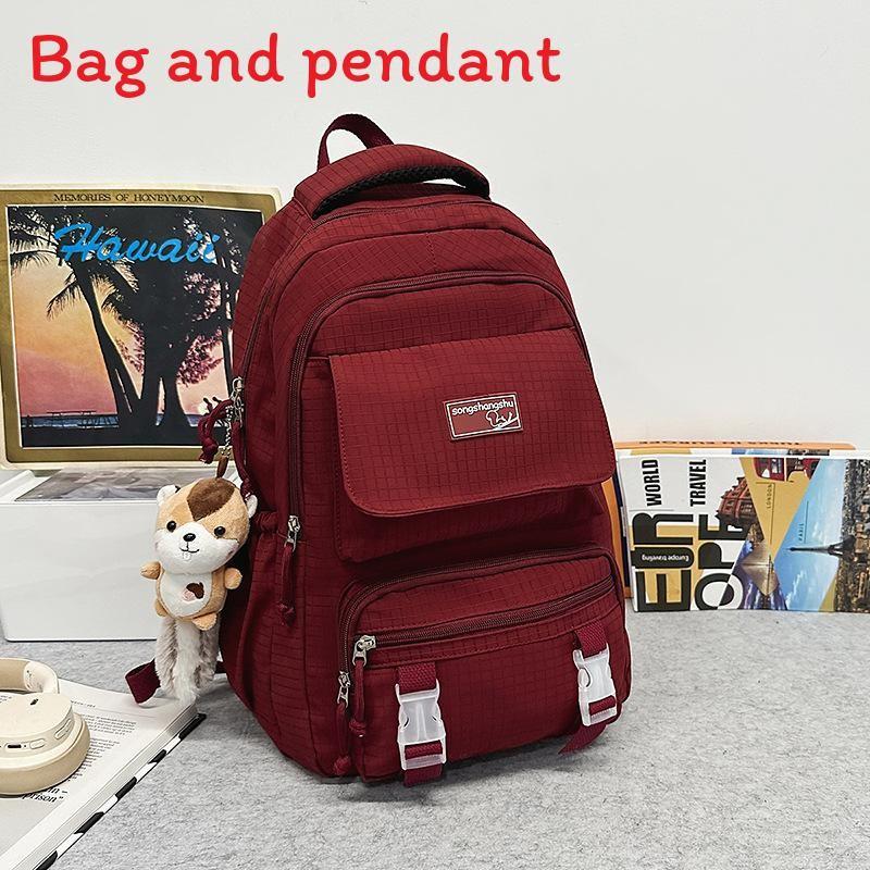Simple Color Solid Checkered Texture Student Backpack With Pendant Plush