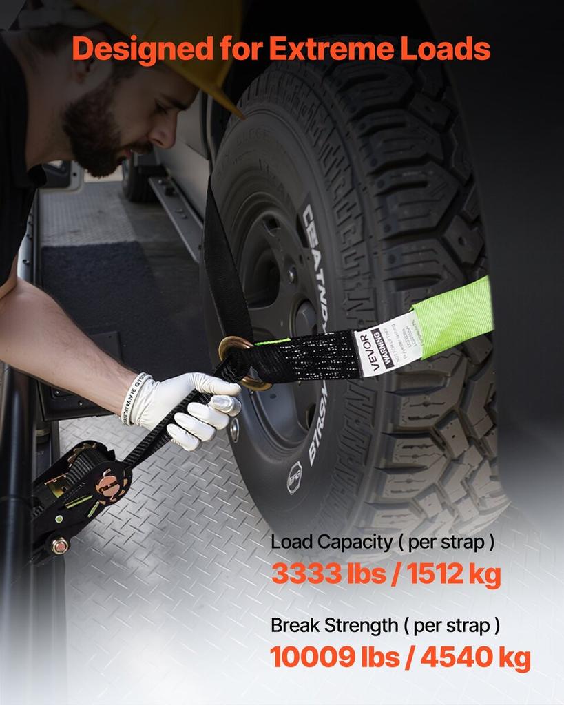 Wheel Chock Tie-Down Kit, Tire-Style Trailer Tie Down Strap, Car Tie Down Kit with Flat Hook, Break Strength 4540 Kg & Working Load 1512 Kg Motorcycle