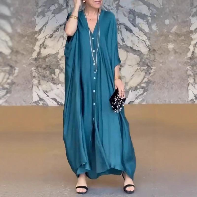 Lockeres Freizeitkleid aus Satin mit V-Ausschnitt für Damen