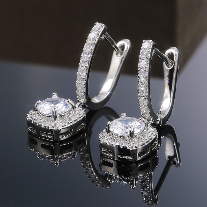 Shiny Zircon Hoop Earring for Women Girls 925 Silver Geometric Square Pendant Earrings Exquisite Party Jewelry Gifts