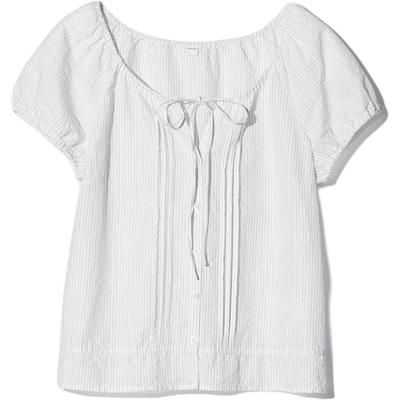 SS26 Fine Stripe Bubble Gauze U-Neck Tie Short Sleeve Shirt Women Shirts 483892-01