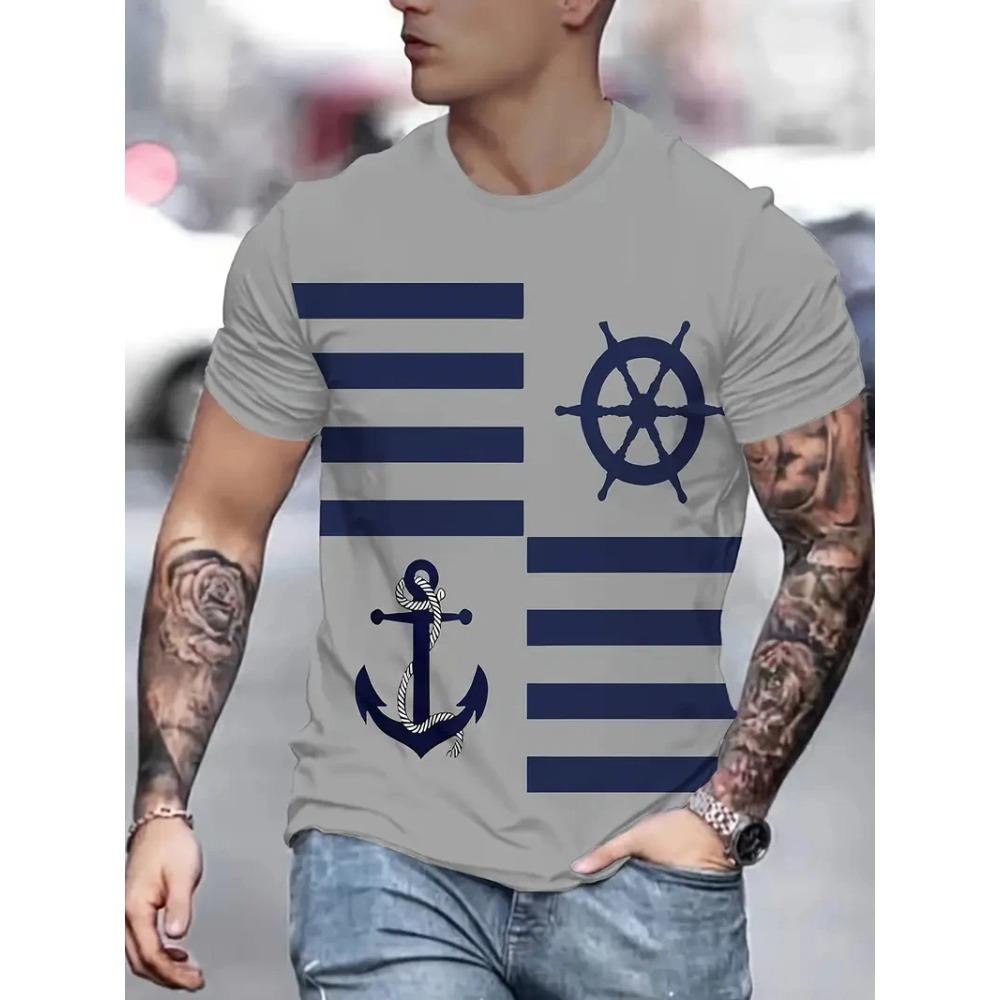 

Simple Fashion Anchor Striped T-Shirts Men Summer 3D Printed Cool Large Loose Casual Comfortable Soft Breathable Short Sleeved T-shirt 6XL
