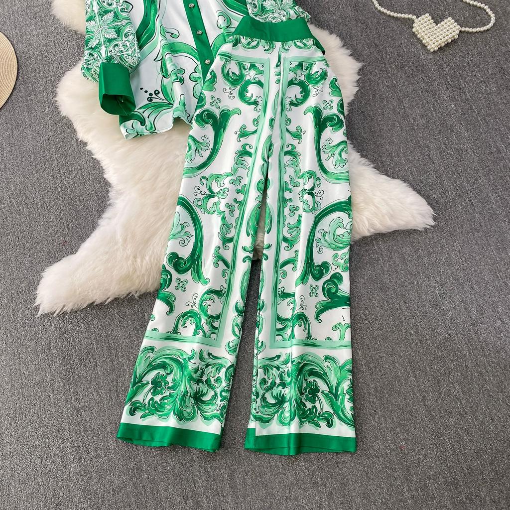 Spring Autumn Vintage Designer Print Runway Trouser 2 Piece Set Women Turn-down Collar Shirt And Elastic Waist Pocket Pant Suit