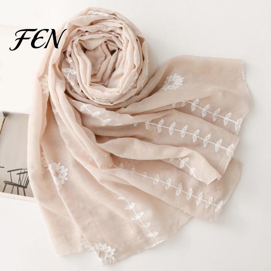Bohemian Travel Accessory Solid Color Embroidered Shawl for Women, Lightweight Soft Gauze Scarf with Floral Vine Texture, 180x90cm Breathable