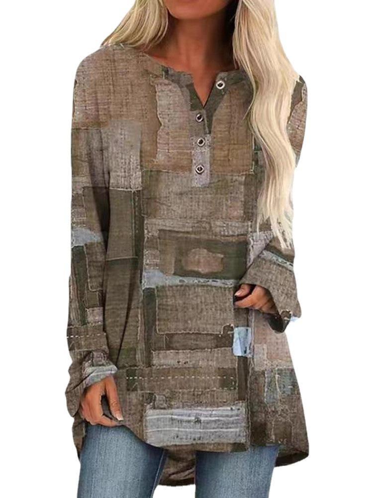 Women's Fashion Casual European American Style Digital Printed Loose Large Size Long Sleeve T-Shirt