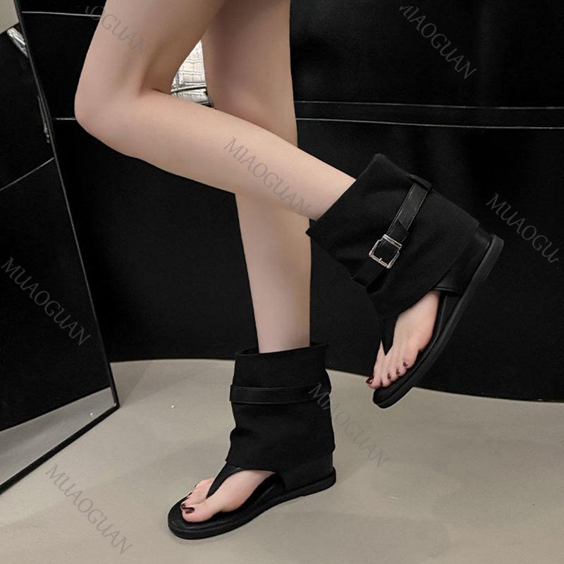 Fashion Retro Sandals Boots Women Summer Shoes Belt Buckle Flip-flops Versatile Wedge Heel Short Cool Boots Open-toe Flat Sandal Female