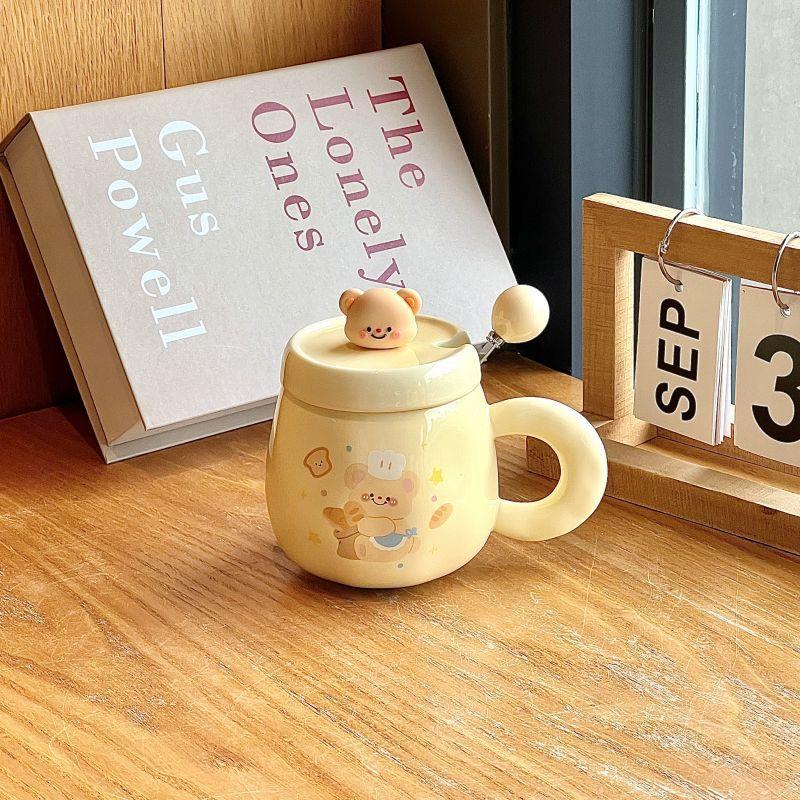 Butter Bear Mug with Lid Girl Cute Ceramic Drinking Water Cup Couple Coffee Cup Birthday Gift