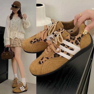 Cowhide Retro Leopard Print German Training Shoes Women's 2025 New Versatile Breathable Casual Light and Comfortable Sports Board Shoes Women's Shoes