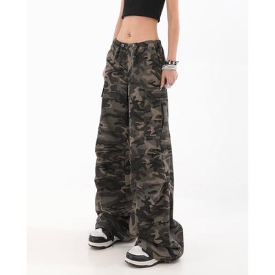 Retro Camouflage Work Pants for Women In Autumn High Street Hip-hop Loose Straight Mopping Draped Casual Trousers
