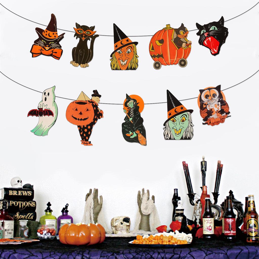 Vintage Halloween Pumpkin Black Cat Witch Owl Hanging Banners Decorations Halloween Trick or Treat Home Wall Party Festival Room