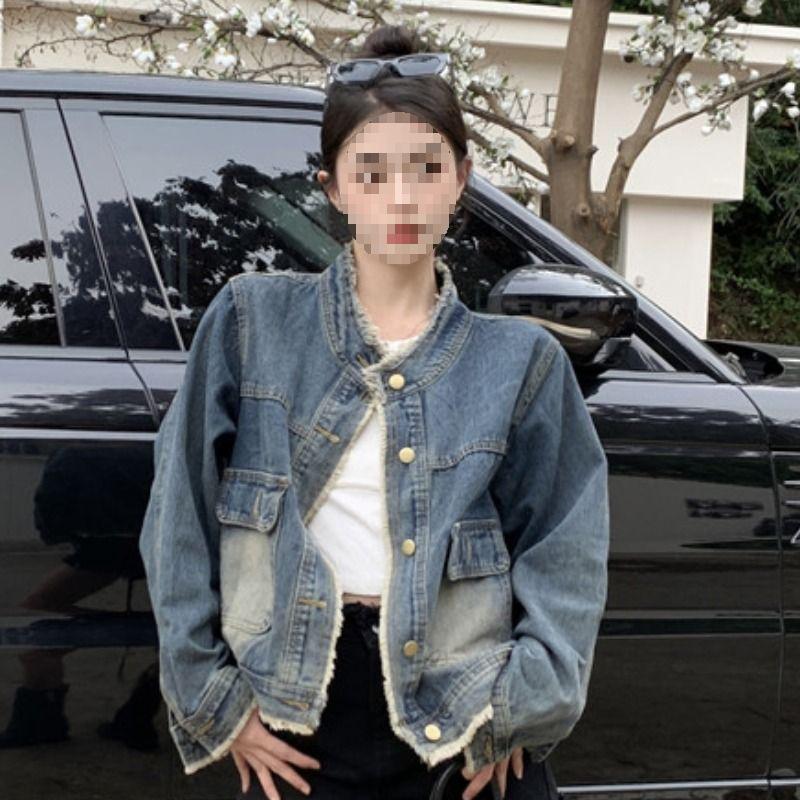 Retro Hong Kong Style Frayed Denim Jacket with Washed Slim-Fit and Pocket Design