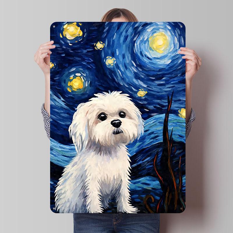 Maltese Dog Starry Night Tinplate Posters Customizable Wall Art Retro Vintage Metal Signs for Home Room Office Decor Wand Deko