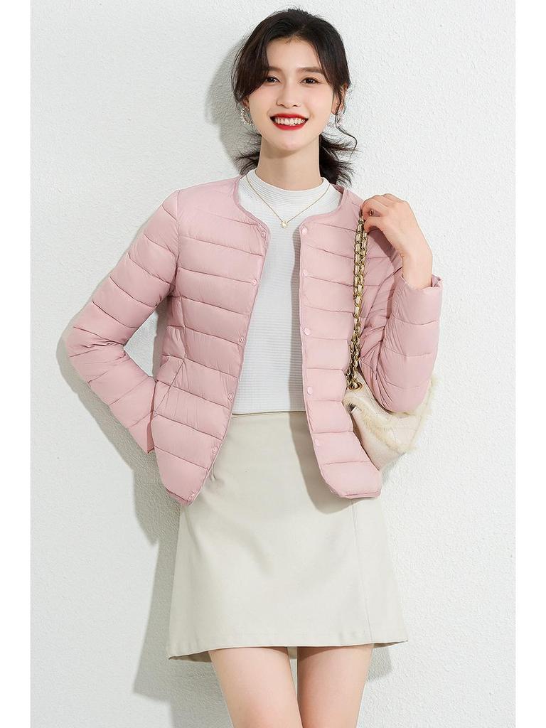 Women's Slim Fit Lightweight Crew Neck Down Jacket - Korean Style Warm Cotton-Padded Coat