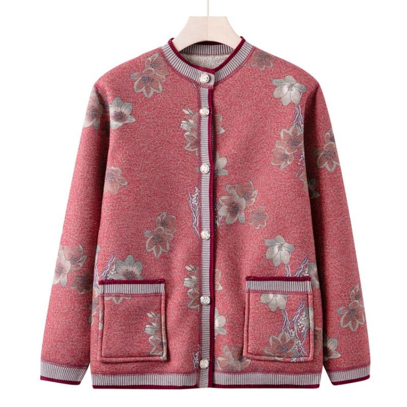 Grandma autumn casual cardigan fleece thickened middle-aged elderly autumn and winter clothing female mother clothing new knitted sweater jacket