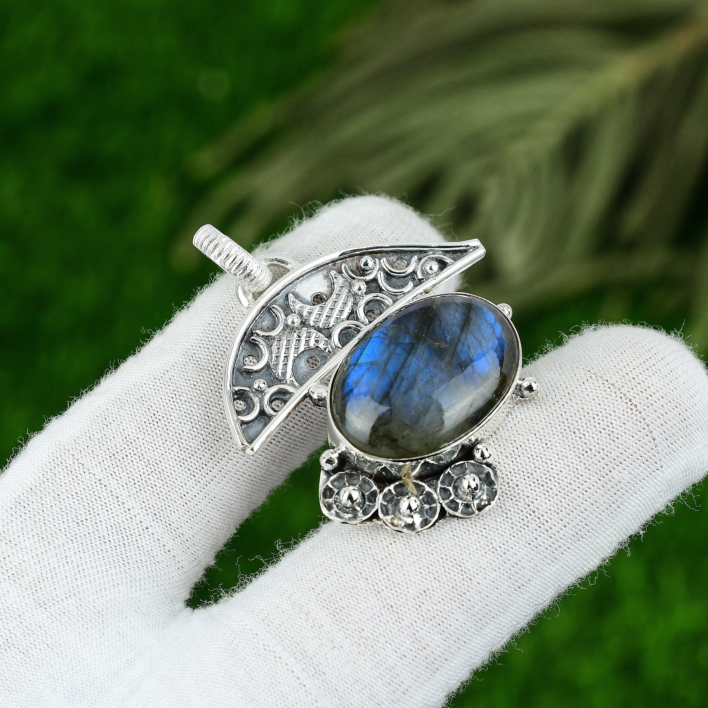 

Sterling Silver Oval Labradorite Stone Engagement Bezel Birthday Pendant Jewelry