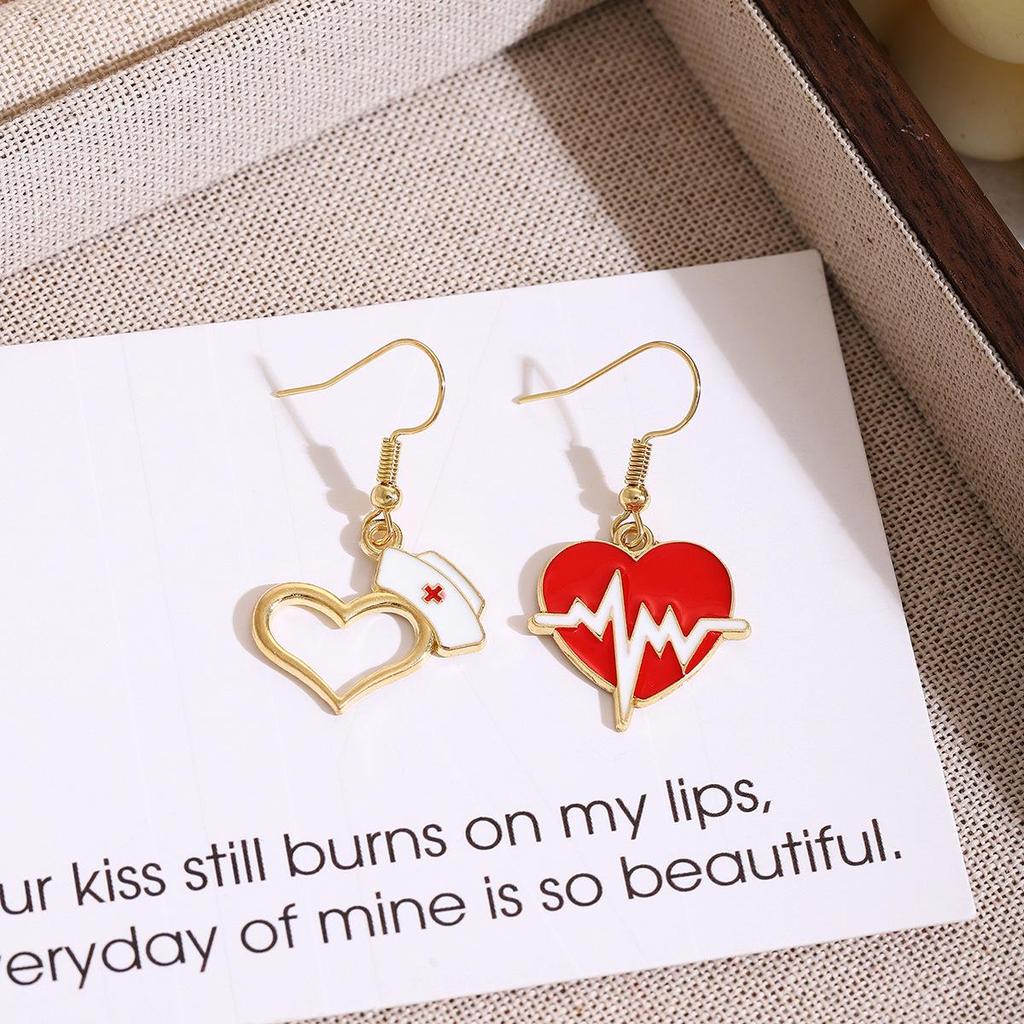 Japanese & Korean Cartoon Red Heart EKG Needle Earrings: Light Luxury Design, DIY Drop Oil for Elegant Style