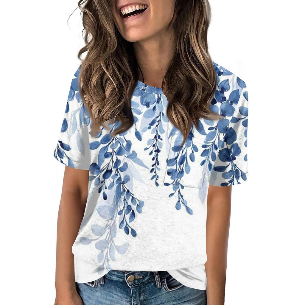 Women's Pocket Floral Print Summer Short Sleeved Round Neck Casual Loose T-shirt Top