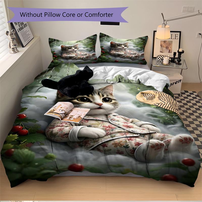 

3pcs Anime Cat Floral Print Bedding Set - Includes One Quilt Cover and Two Pillowcases (No Core) - Perfect for Bedroom and Guest Room Decora 135x200cm