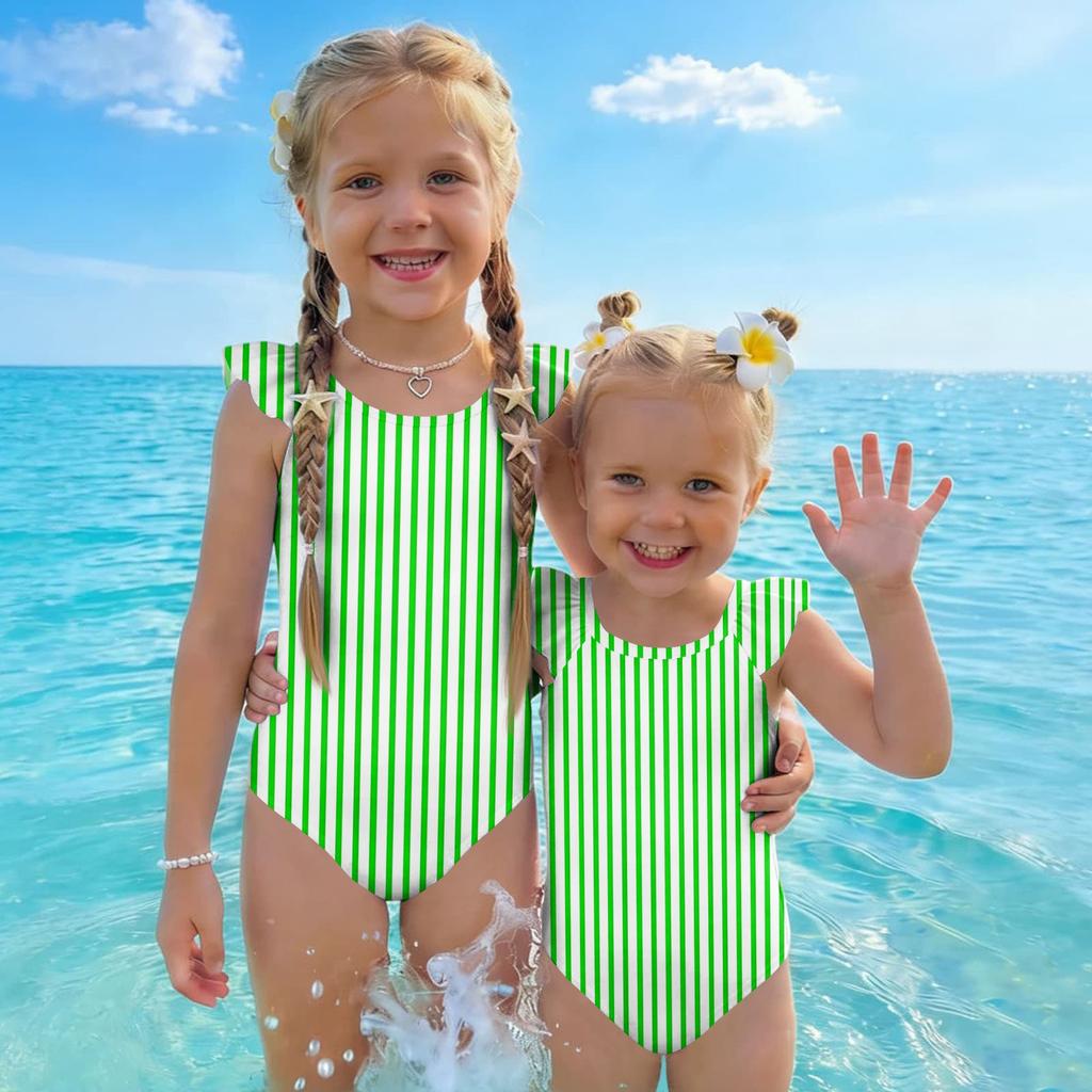 Girls One Piece Swimsuit Striped Print Sleeveless Ruffle Shoulder Swimwear Kids Summer Beachwear Bathing Suit for Children