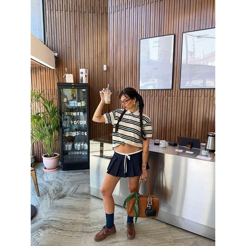 Lioness * American Girl Retro Style Polo Shirt Collar Contrast Color Stripes Short Sleeve Preppy Style Casual All-Matching Tops