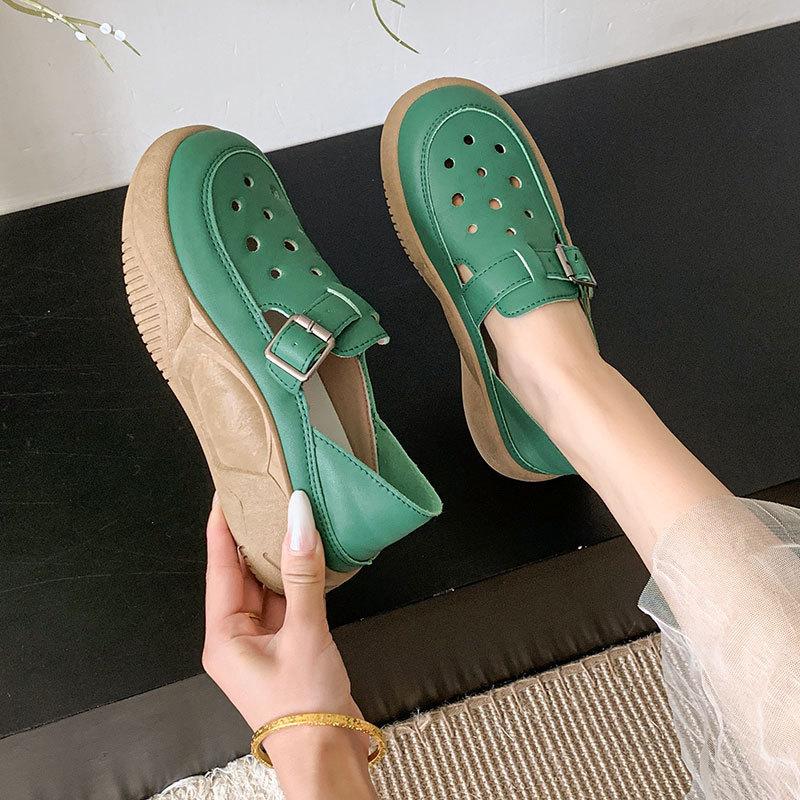 Soft Leather Hollow Hole Shoes, One Pedal with Thick Soles, Two Single Shoes, Spring and Summer Niche Retro Middle-aged Mother Shoes for Women