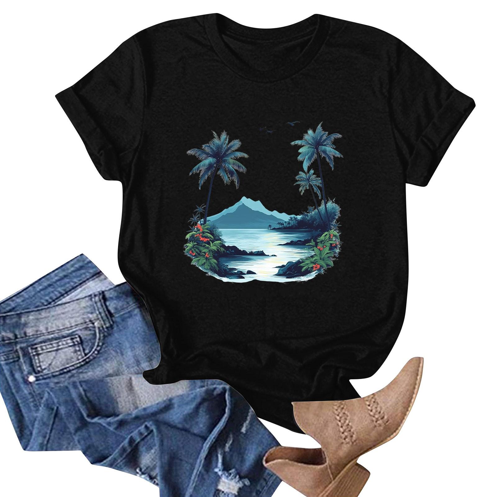 

Женская мода повседневная гавайская футболка с коротким рукавом и принтом, топ, футболка с коротким рукавом XXL чёрный