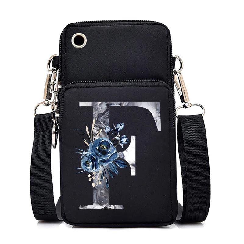 Blue Roses Alphabet Print Small Shoulder Bag 26 Letters Mini Crossbody Phone Bag for Women