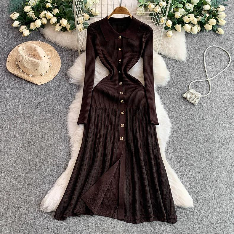 Women Dress Autumn Winter Vintage Turn-down Collar Long Sweater Dress Elegant Office Lady Dresses Chic Party Vestidos
