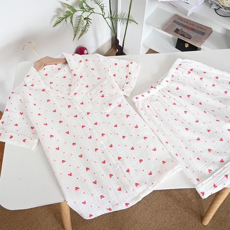 Damski letni zestaw piżamowy z czystej bawełny - Słodki, Przewiewny, Krótki rękaw i Szorty