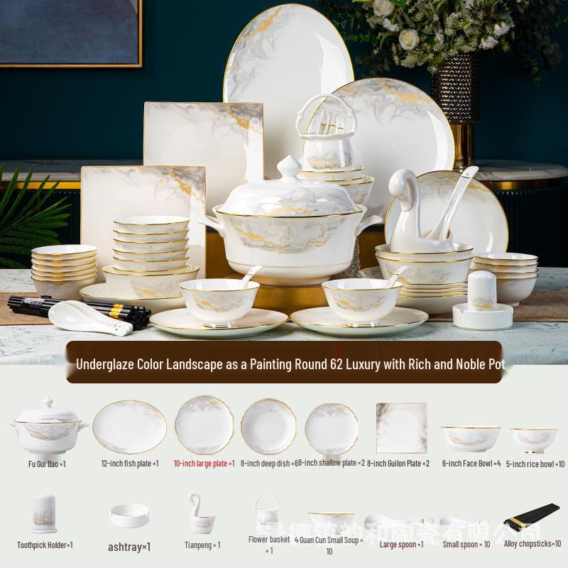 2024 New Luxury Glazed Ceramic Bowl and Plate Set with Chopsticks – High-Temperature Housewarming Gift